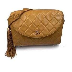 Authentic CHANEL Lambskin Camel (Dark Beige) Large Camera Bag with Tassel